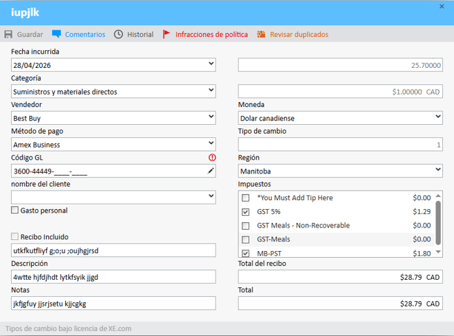 Ventana de detalles de gastos con campos editables