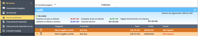 Gasto copiado que aparece en la sección Gastos del Administrador de gastos.