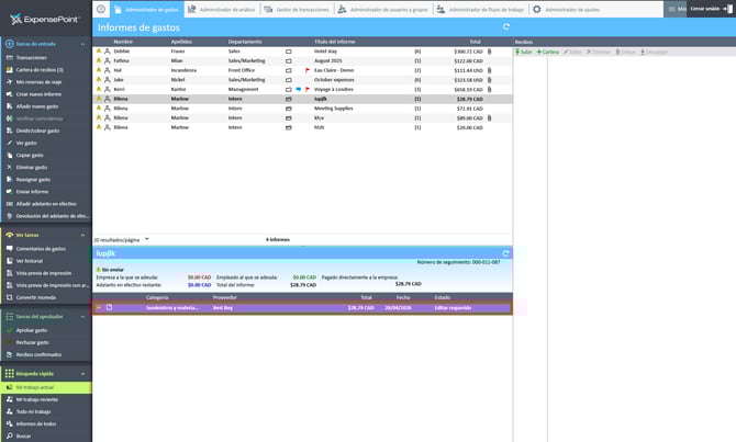 Gasto seleccionado de la sección Gastos del espacio de trabajo del Administrador de gastos