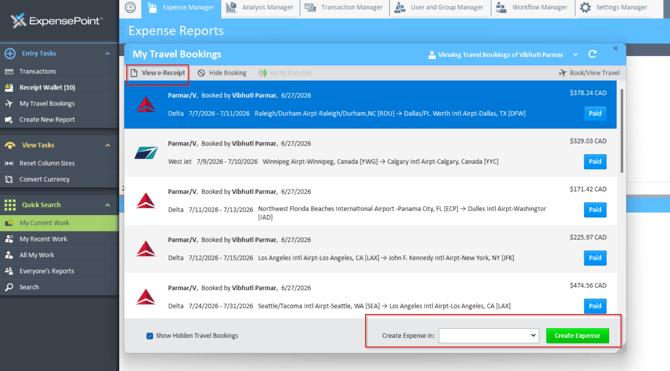 My Travel Bookings window with travel bookings populated
