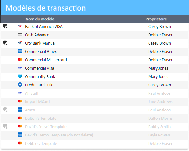 La liste des modèles de transaction affiche désormais des modèles grisés.