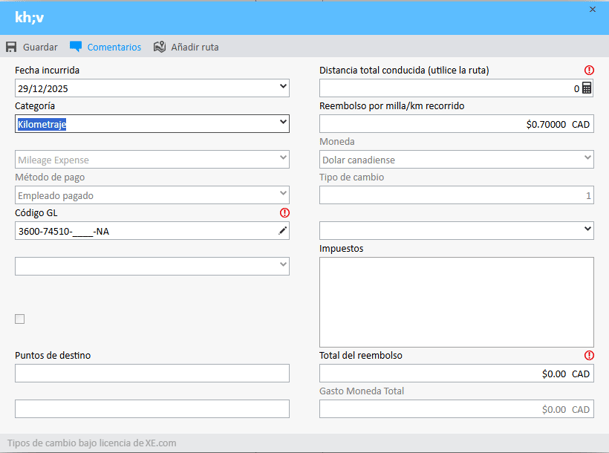 Categoría configurada como Kilometraje en la pantalla Informe de gastos en el Administrador de gastos