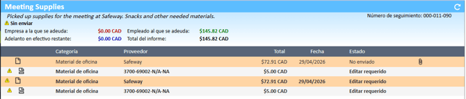 Section Dépenses affichant les nouvelles dépenses fractionnées dans le Gestionnaire de dépenses