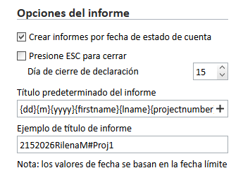 Ejemplo de título del informe en las Opciones del informe