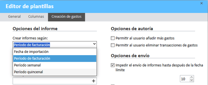 Creación de gastos: genere informes según las opciones.