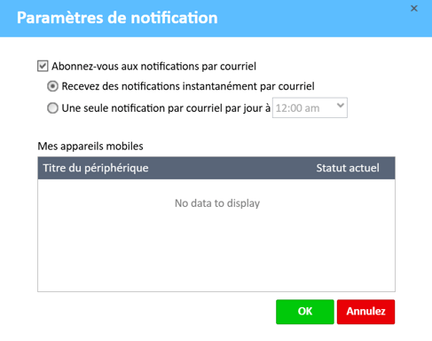 Fenêtre Paramètres de notification dans ExpensePoint