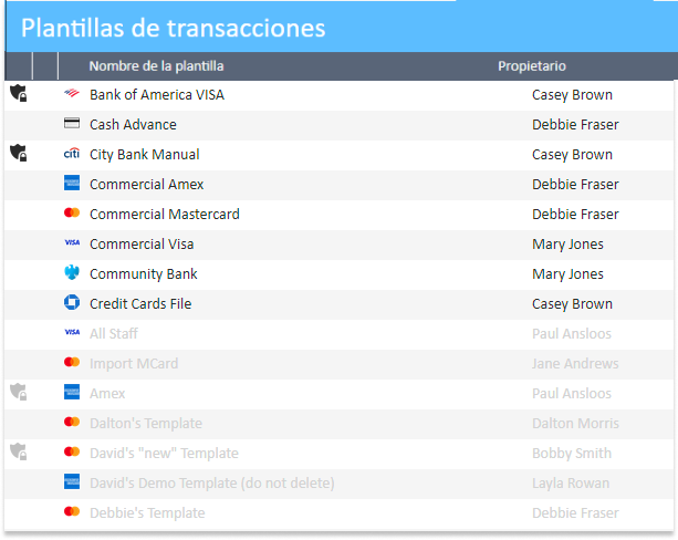 La lista de plantillas de transacciones ahora muestra plantillas atenuadas.