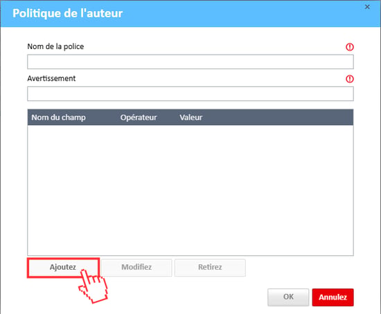 Fenêtre de politique des auteurs – Bouton Ajouter