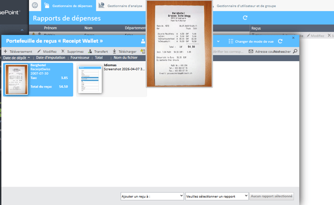 Détails du reçu ouverts dans le portefeuille de reçus du Gestionnaire de dépenses