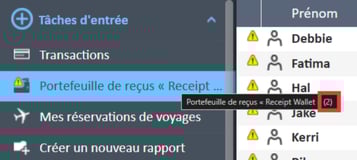 Option de menu Portefeuille de reçus avec le numéro 9 entre parenthèses dans le menu de navigation Tâches de saisie