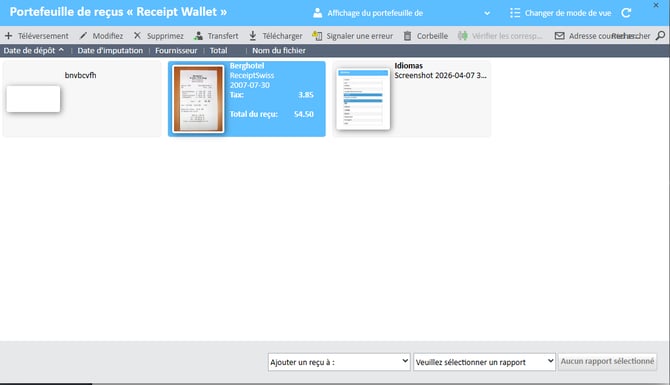 Reçu sélectionné dans la fenêtre Portefeuille de reçus du Gestionnaire de dépenses