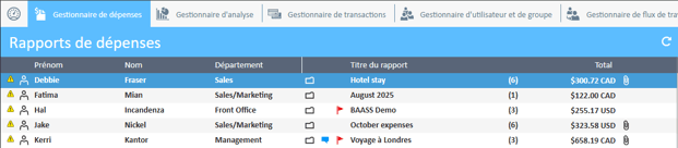 La section « Notes de frais » du Gestionnaire de dépenses affiche un tableau d'informations sur chaque note de frais.