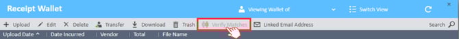 Verify Matches tab in the Receipt Wallet window in the Expense Manager