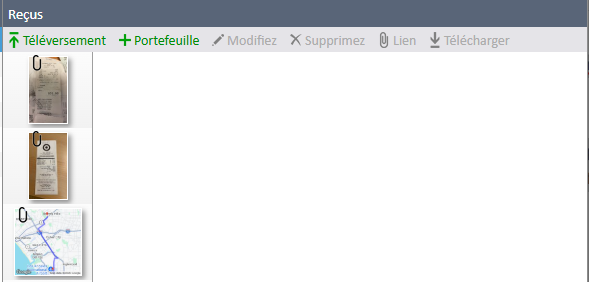 Section « Reçus » du Gestionnaire de dépenses avec plusieurs options disponibles