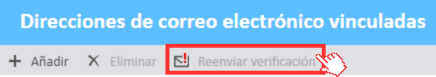 Botón Reenviar verificación en la ventana Direcciones de correo electrónico vinculadas