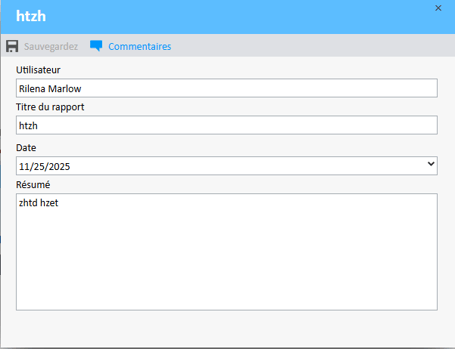 La fenêtre « Afficher les informations du rapport » présente les dernières informations saisies concernant le rapport de dépenses sélectionné.