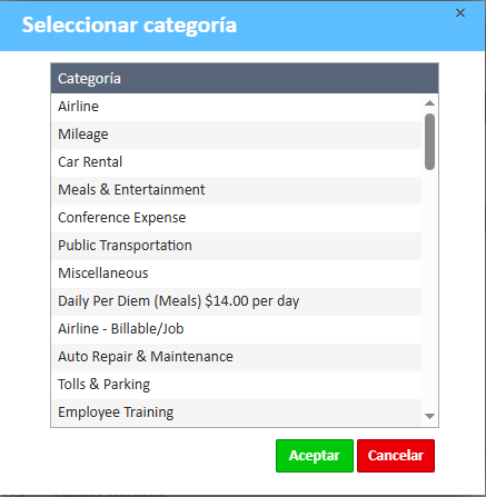 Lista de opciones de categoría