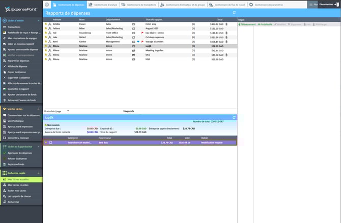 Dépense sélectionnée dans la section Dépenses de l'espace de travail Gestionnaire de dépenses
