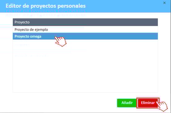  Ventana del editor de proyectos personales Proyecto seleccionado y botón de eliminar seleccionado
