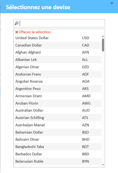 Sélectionnez une fenêtre de devise affichant les options de devise disponibles
