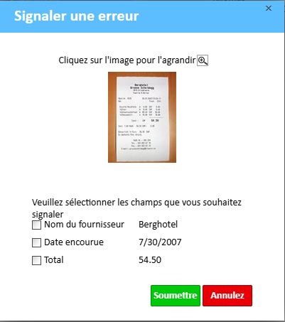 Fenêtre de signalement d'erreur dans le Gestionnaire de dépenses
