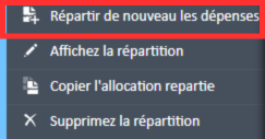 L'option de navigation « Fractionner/Facturer à nouveau les dépenses » se trouve dans le menu « Tâches de saisie » du Gestionnaire de dépenses.