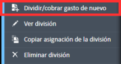 Opción de navegación Dividir/Facturar gastos nuevamente en el menú Tareas de entrada en el Administrador de gastos