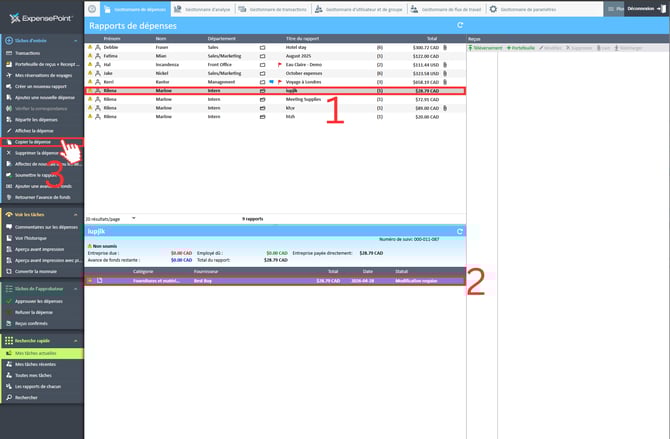 L'option « Copier la dépense » est sélectionnée après avoir sélectionné le rapport et la dépense dans le Gestionnaire de dépenses.