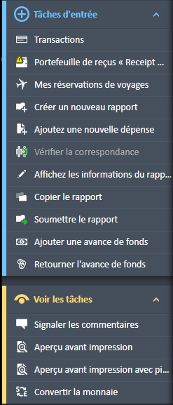 Options du menu de navigation « Saisie des tâches » et « Affichage des tâches » avec toutes les actions supplémentaires disponibles