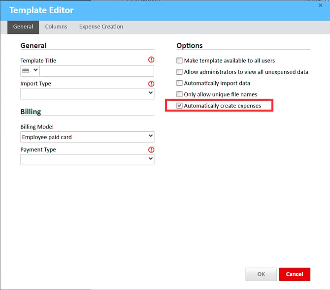 Template Editor window with "Autommatically create expenses" checkbox checked off