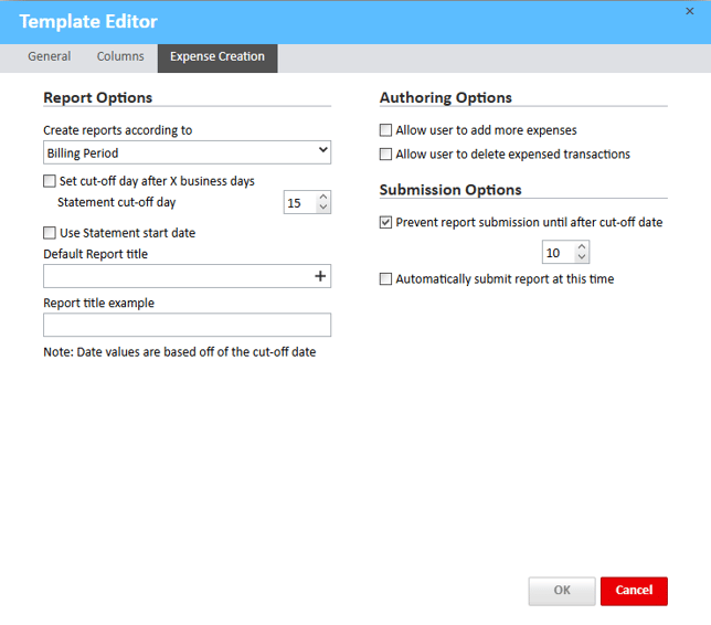 Expense Creation tab in the Template Editor window