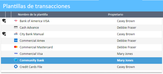 Lista de plantillas de transacciones