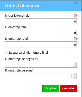 Se abre la ventana de la calculadora de kilometraje con campos rellenables como Inicio, Fin, Total, Negocios y Personal.
