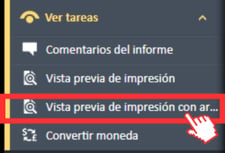 Opción de menú Vista previa de impresión con archivos adjuntos en el menú de navegación Ver tareas del Administrador de gastos