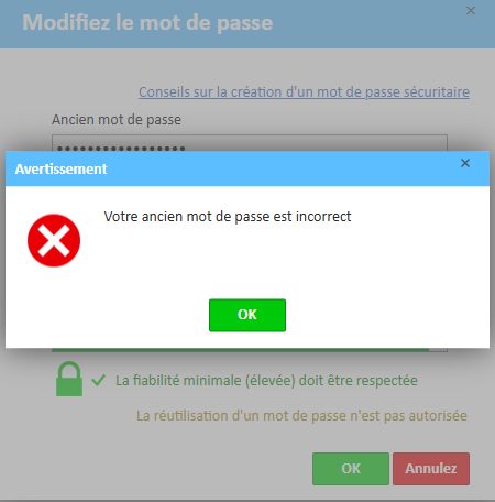 Notification d'avertissement "Votre ancien mot de passe est incorrect" ExpensePoint