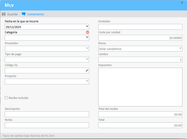 Informe de gastos Nueva ventana de gastos
