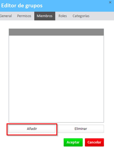 Botón Agregar en la pestaña Miembros del editor de grupos