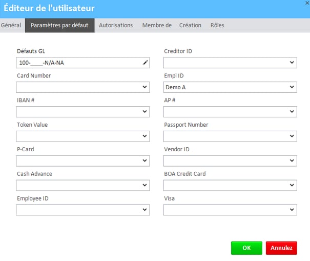 Fenêtre de l'éditeur utilisateur avec l'onglet Paramètres par défaut de l'utilisateur sélectionné et ouvert
