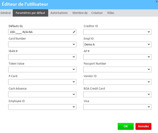 Fenêtre de l'éditeur utilisateur avec l'onglet Paramètres par défaut de l'utilisateur sélectionné et ouvert