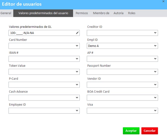 Ventana del editor de usuario con la pestaña Valores predeterminados de usuario seleccionada y abierta.