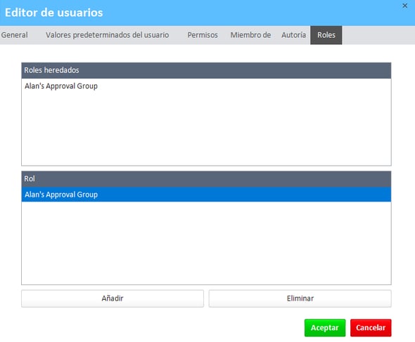 Pestaña Roles en la ventana del Editor de usuarios