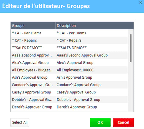 Éditeur d'utilisateurs - Fenêtre Groupes affichant les groupes disponibles