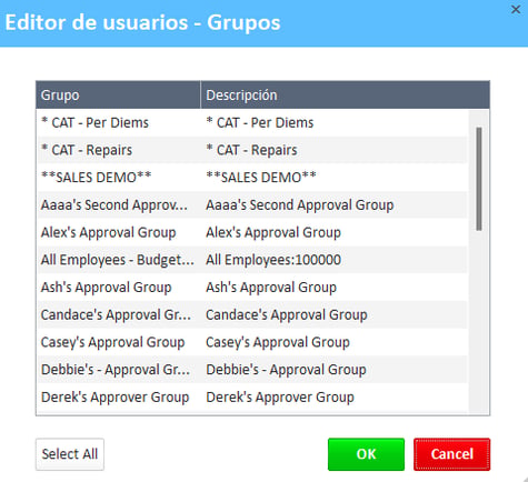 Editor de usuario: ventana de grupos que muestra los grupos disponibles.