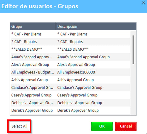 Botón Seleccionar todo en la ventana Editor de usuarios - Grupos
