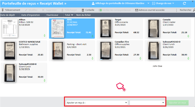 Fenêtre du portefeuille de reçus avec le reçu sélectionné et un menu déroulant pour sélectionner le rapport