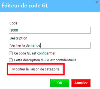 Bouton Modifier la liaison de catégorie dans la fenêtre de l'éditeur de code GL