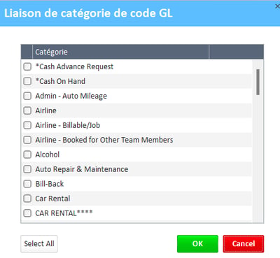 Fenêtre de liaison des catégories de code GL