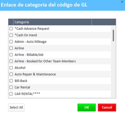 Ventana de vinculación de categoría de código GL