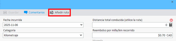 Ventana del editor de gastos con la opción Agregar ruta seleccionada.