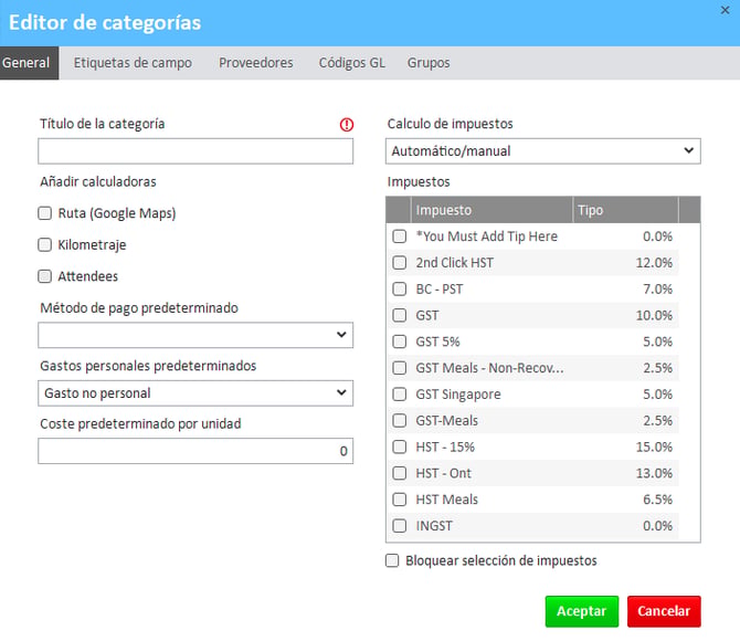 Ventana del editor de categorías